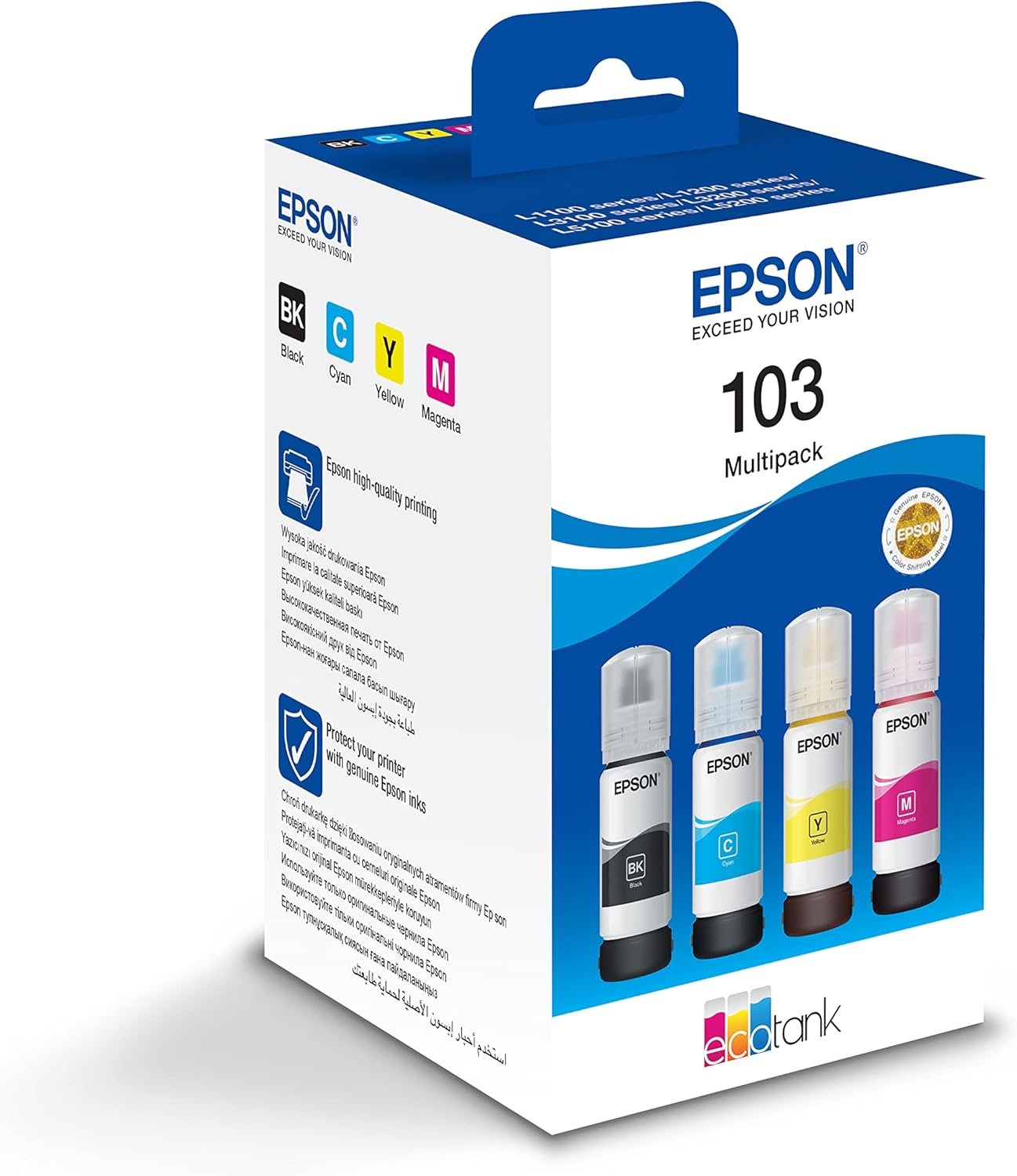 Epson 103 Ink EcoTank 4-colour Multipack, Black, Magenta, Cyan, Yellow, Large, Compatible with L3252, L3251, L3260, L3550, L3560, L5290, L5296, L5590 